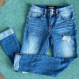 Indigo Rein 3/25 Women's Classic Blue Ripped Skinny Jeans Hemmed Stretchy